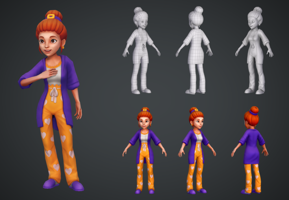 girl character creation 3d modeling rigging texturing art outsource studio character rendering hiring 3d modeler for games 3d studio art outsource 2d character disney cartoon pixar